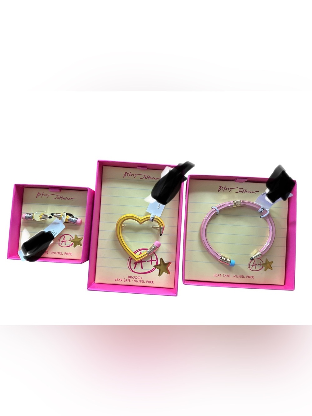 Betsey Johnson teacher pencil earrings, bracelet, and pin NIB